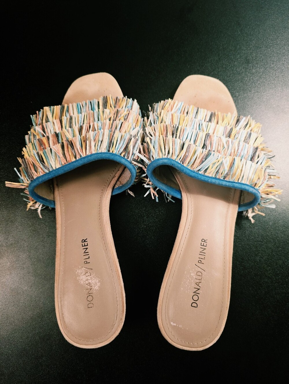 Donald Pliner Raffia Fringe Slide Sandals Leather Wood Heel Resort Boho Coastal